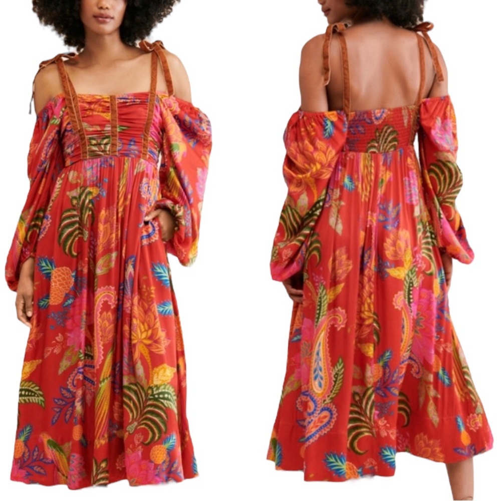 FARM Rio Red Multicolor Floral Puff-Sleeve Midi Dress - Picture 7 of 8